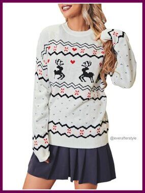 Ugly Christmas Sweater Snowflake Reindeer Knit Crew Neck Pullover